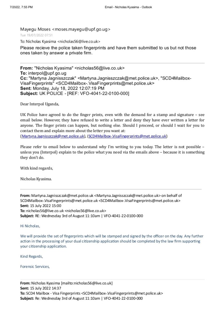 Nicholas Kyasima – Police Finger Prints Valid Worldwide For Visas And Immigration Purposes.