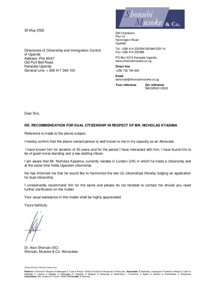 Letter of recommendation for Uganda Dual Citizenship by Nicholas Kyasima