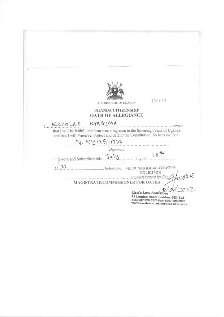 Uganda Dual Citizenship Oath of Allegiance by Nicholas Kyasima
