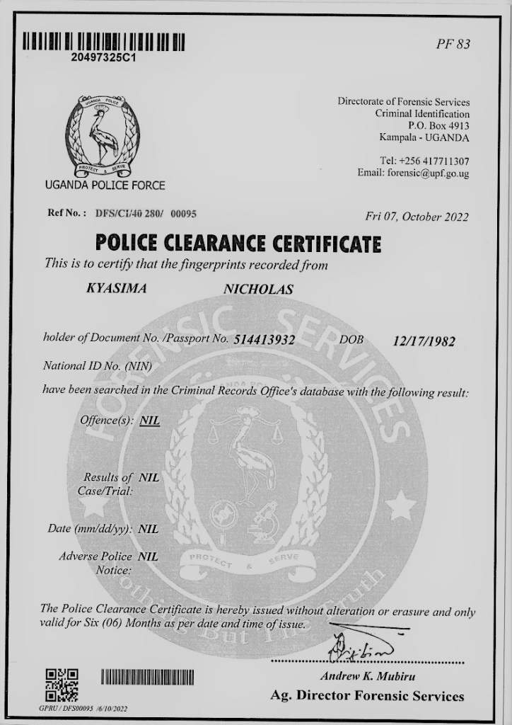 Certificate Of Good Character, Uganda Police Clearance, by NIcholas Kyasima